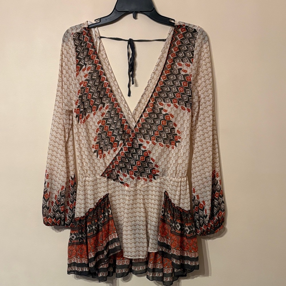 Free People Cream Boho V‑Neck Printed Peplum Tunic